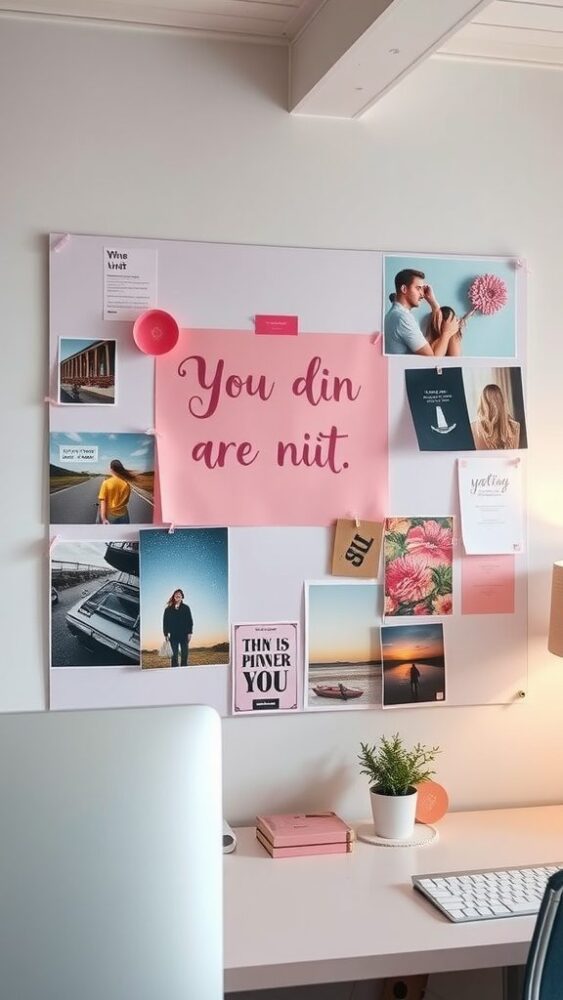 A vision board with pink elements and inspirational photos