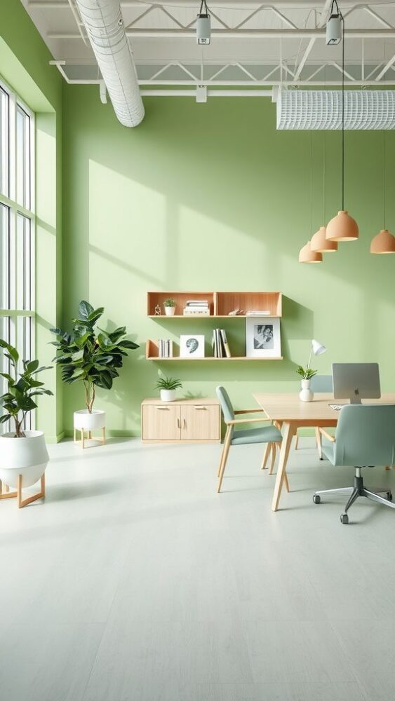 A home office featuring pistachio green walls, wooden furniture, and plants.