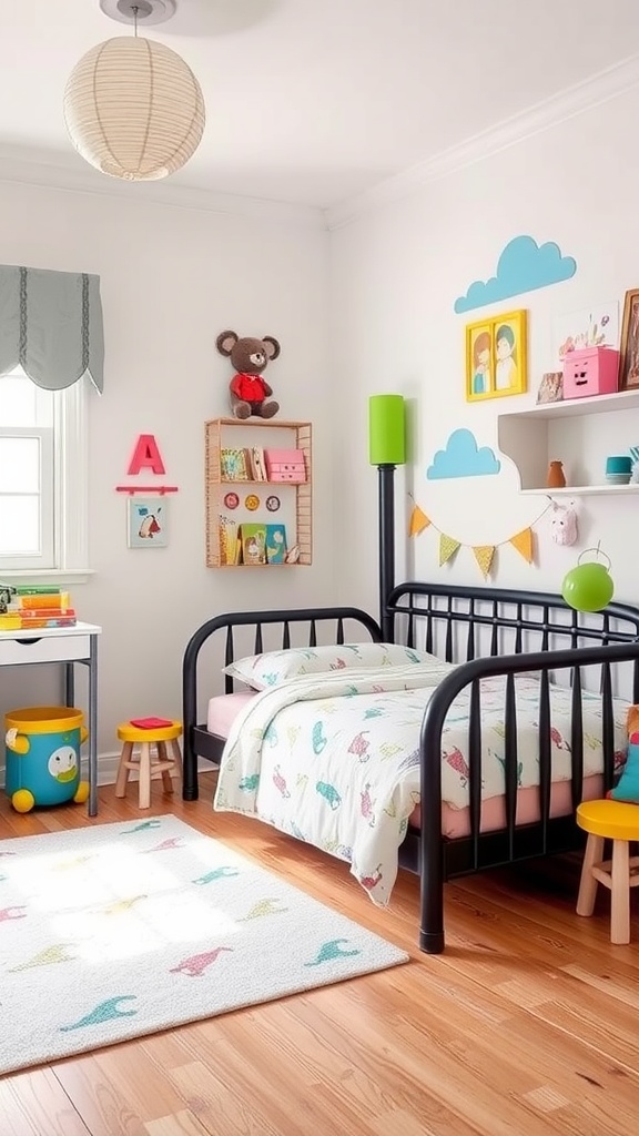 A playful kids bedroom featuring a black bed, colorful bedding, and cheerful decorations.