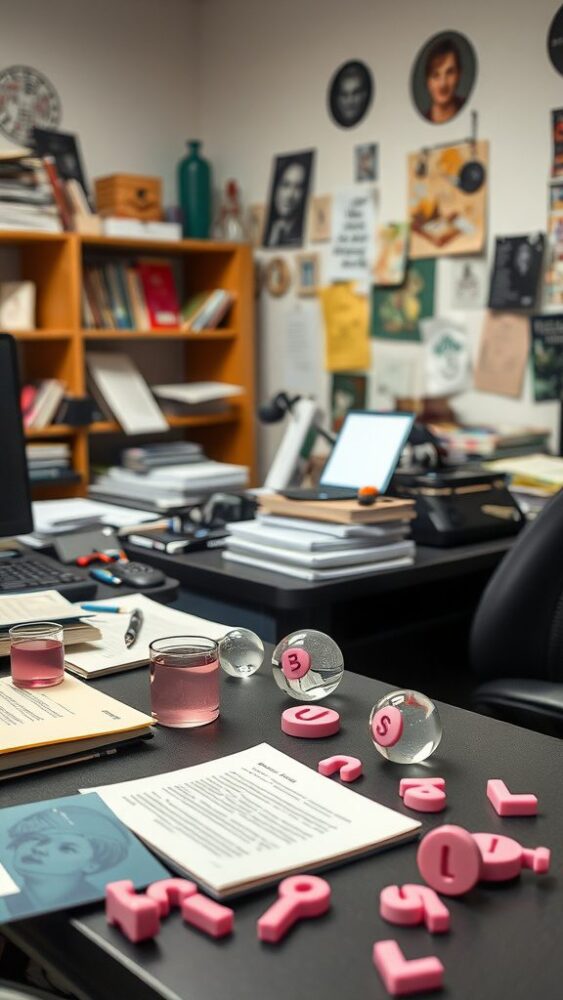 A workspace featuring playful pink paperweights, stylish glass containers, and organized documents on a black desk.