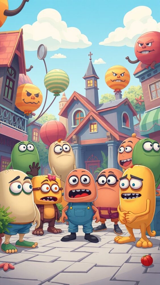 A colorful cartoon scene featuring a group of unique and funny ugly characters with exaggerated features in a playful setting.