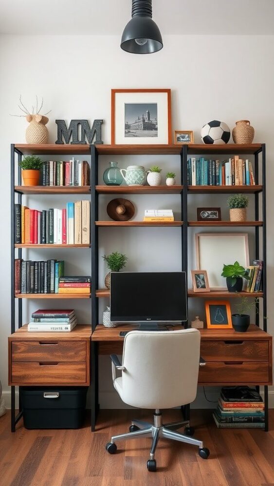 A rustic home office featuring reclaimed wood shelving filled with books, plants, and decorative items.