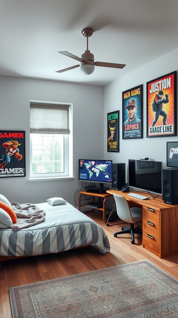 A retro gaming den featuring gaming posters, a cozy bed, and dual monitors on a wooden desk.