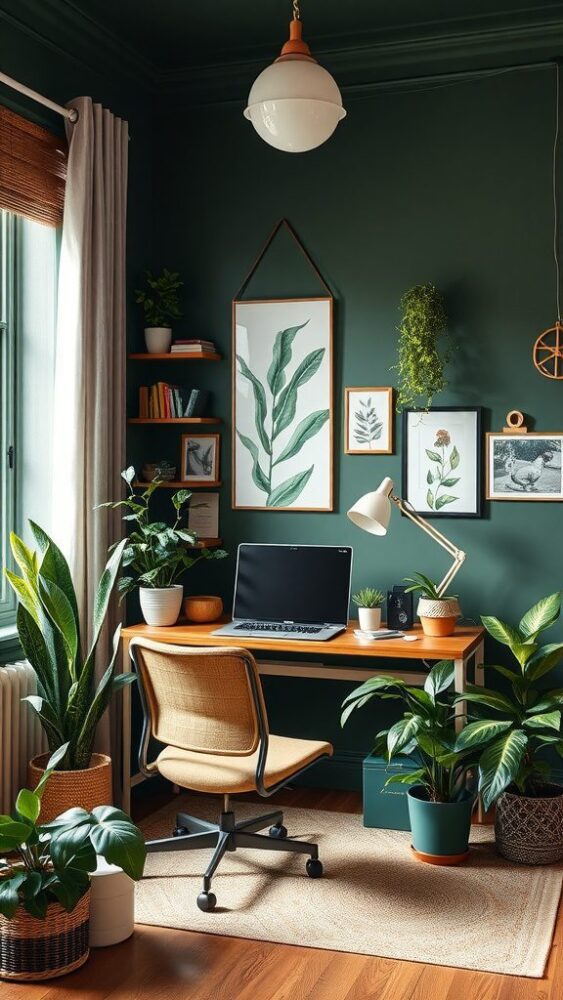 A home office with dark green walls, featuring a desk, computer, and various plants, complemented by botanical art.