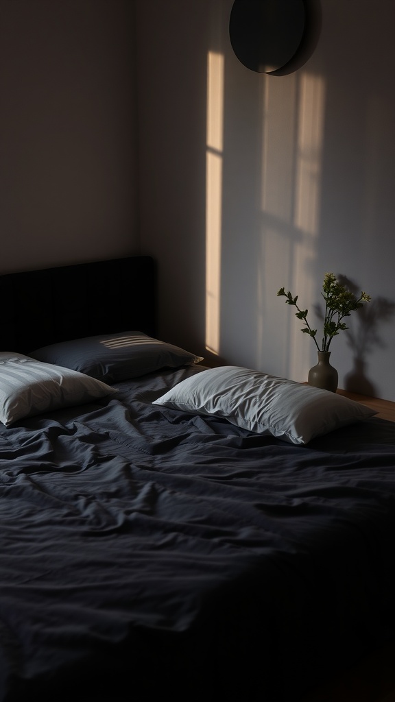 A softly lit bedroom featuring a black bed, light streaming through a window, and a vase of flowers.