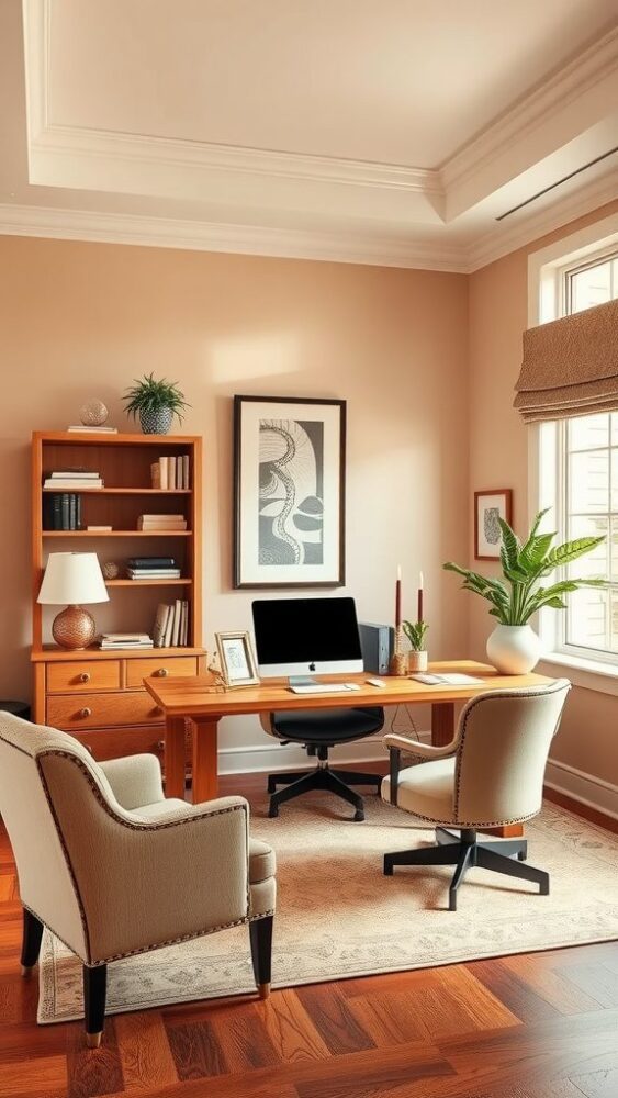 A cozy home office with rosy beige walls, wooden furniture, and comfortable chairs.