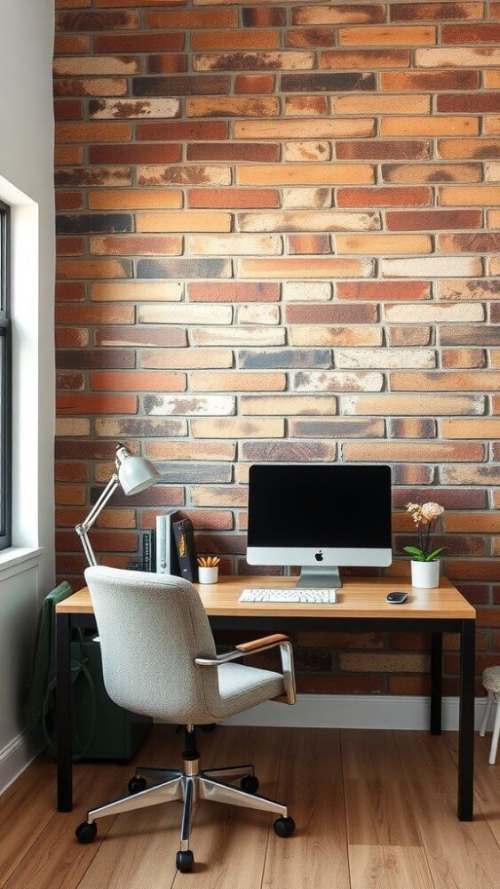 A stylish home office featuring a rustic brick accent wall, modern desk, and ergonomic chair.