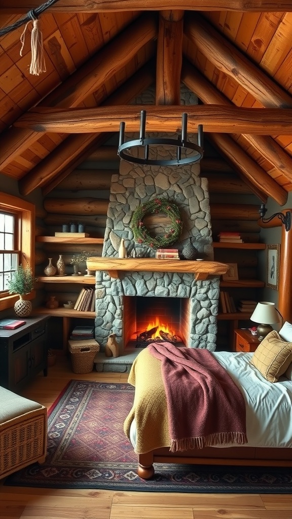 Cozy rustic bedroom with wooden beams, stone fireplace, and warm blankets