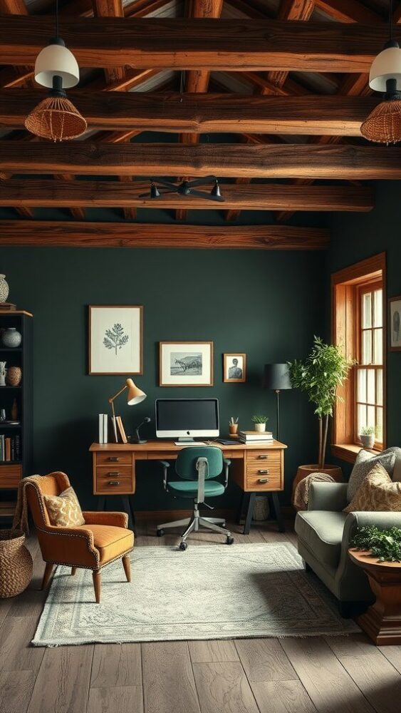 A rustic home office with dark green walls, wooden beams, a desk, and cozy furniture.