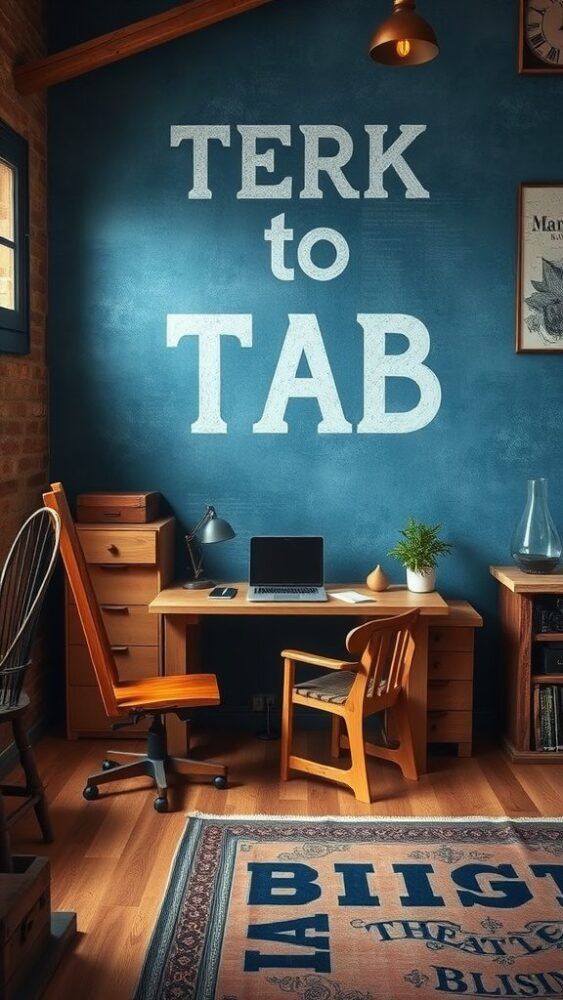 A rustic home office featuring blue wallpaper with the phrase 'TERK to TAB,' wooden furniture, and a cozy layout.