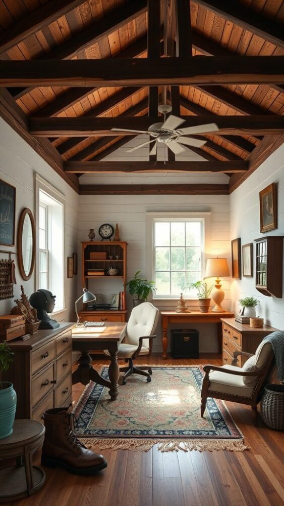 A cozy rustic farmhouse office with wooden beams, a large window, a wooden desk, and plants.