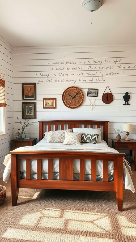 A cozy rustic farmhouse bedroom featuring wooden furniture and framed wall art.