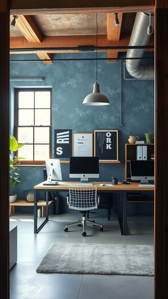 A rustic industrial home office with blue wallpaper, featuring wooden beams, a modern desk setup, and green plants.