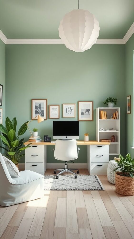 A bright home office with sage green walls, white furniture, and plants, featuring a desk and chair.