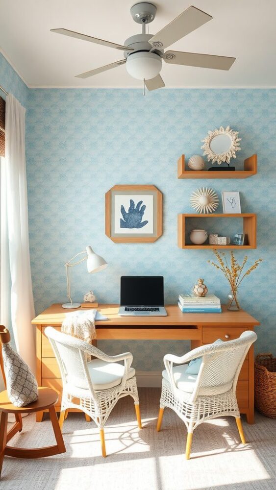 A serene home office featuring blue wallpaper, a wooden desk, and wicker chairs, illuminated by natural light.