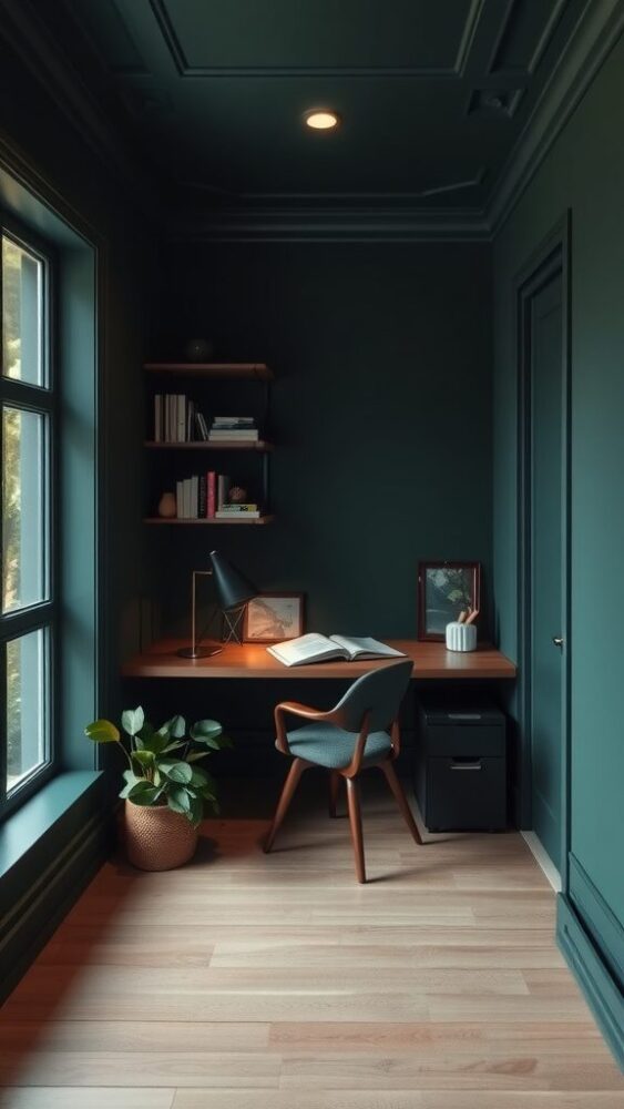 A serene home office nook with dark green walls, wooden desk, and a cozy chair.