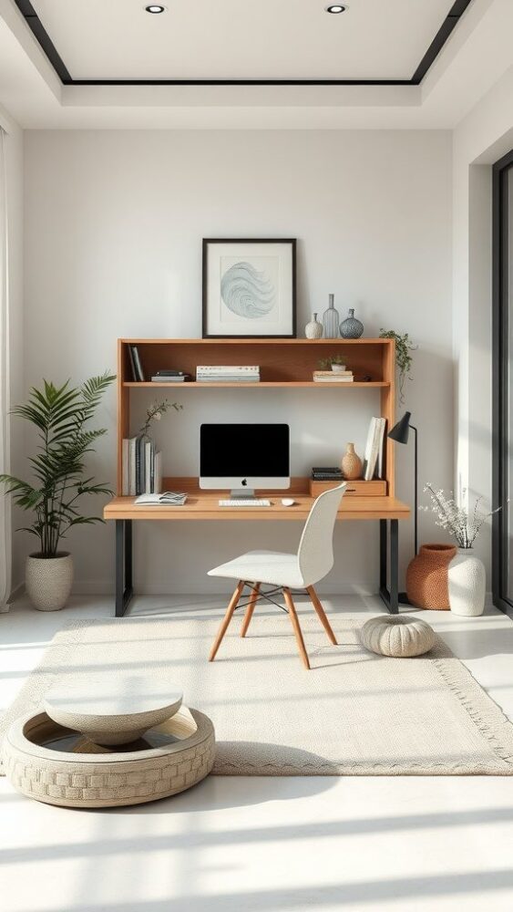 A minimalist zen office with a light wood desk, a computer, plants, and soft textures.