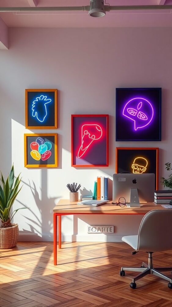 A bright home office featuring neon artwork on the walls, a wooden desk, and a computer