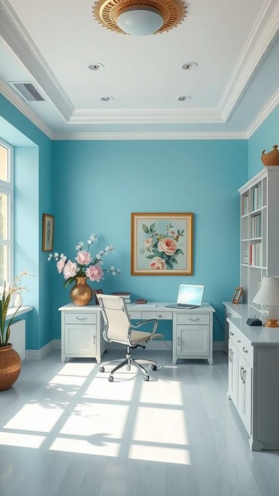 A feminine home office featuring sky blue walls and elegant decor.