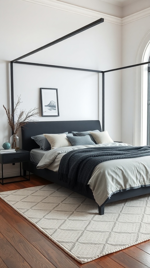 A modern bedroom featuring a sleek black bed frame with gray bedding, pillows, and a matching nightstand.