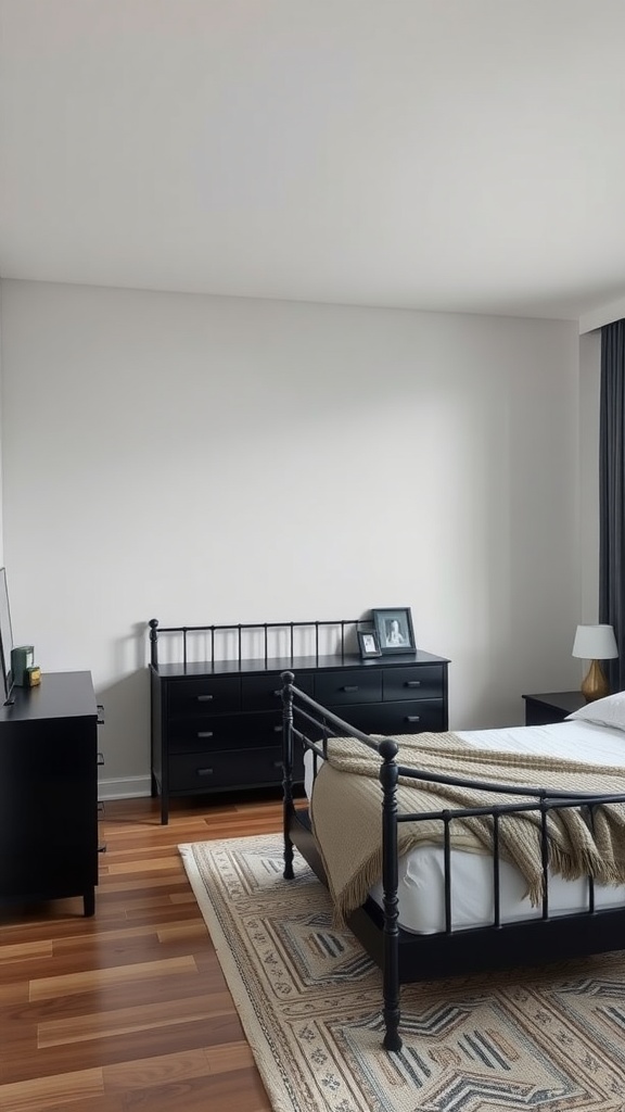 A modern bedroom featuring a black bed frame, nightstand, and dresser, with wood flooring and a patterned rug.