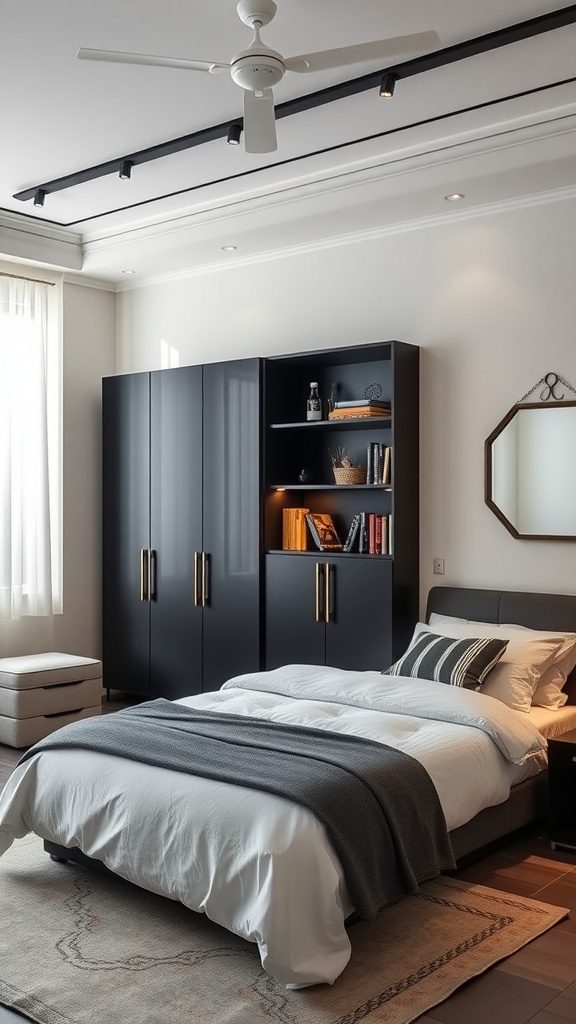 A modern bedroom featuring a sleek black wardrobe, cozy bed, and stylish decor.