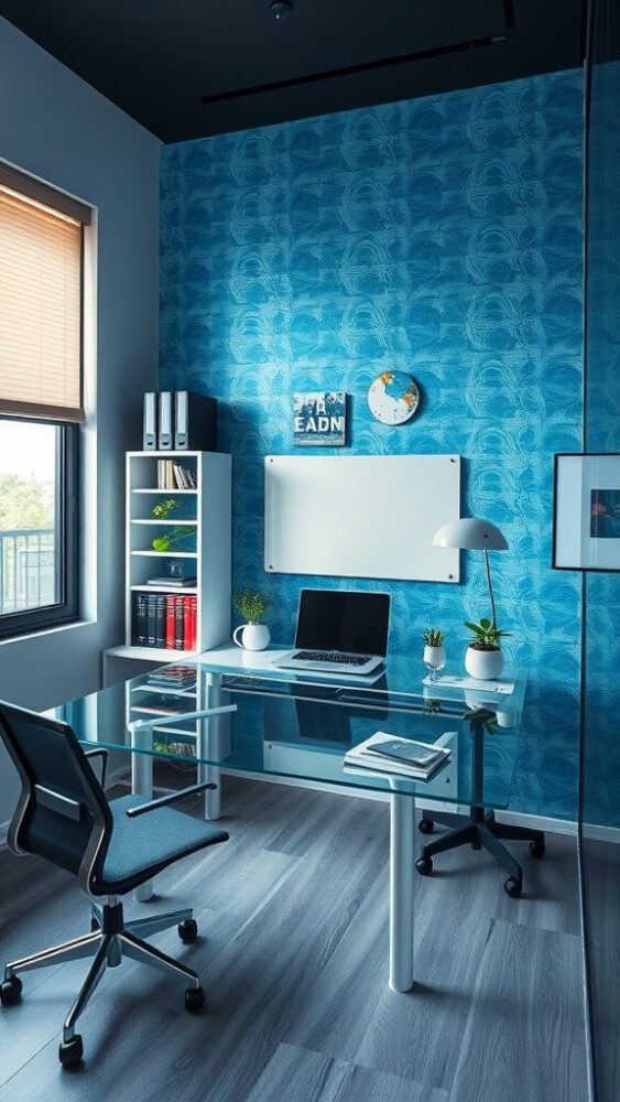 A modern home office with blue wallpaper, glass desk, and stylish furniture.