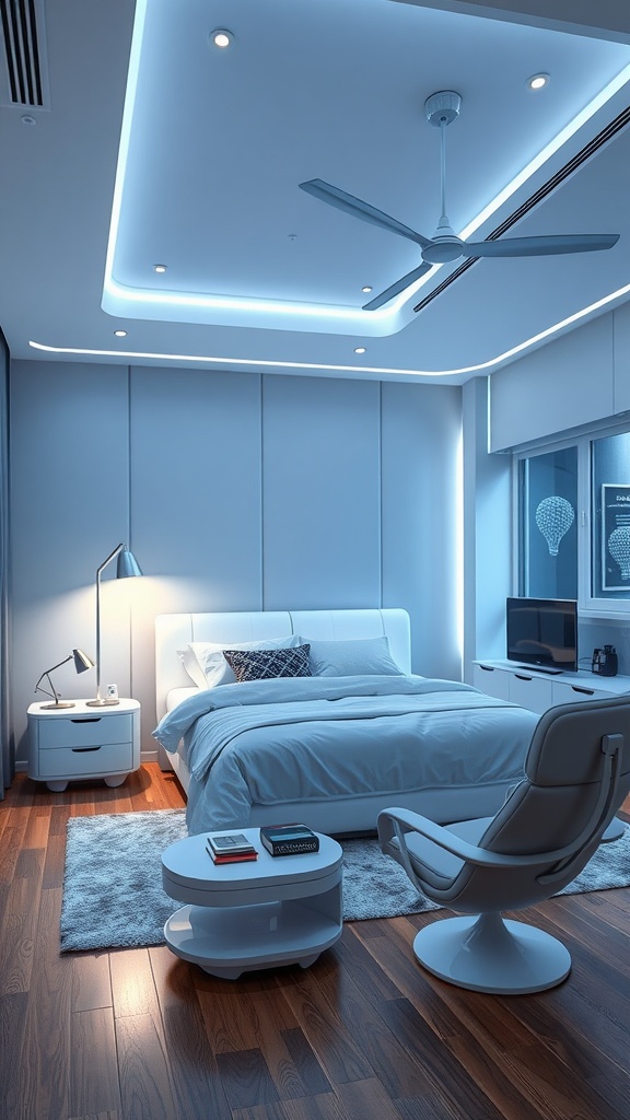 A modern bedroom with LED lighting, a sleek bed, and ergonomic furniture