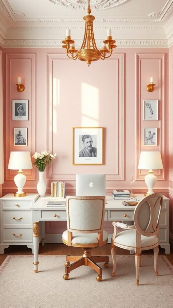 A feminine home office with soft blush pink walls, a white desk, and elegant decor.