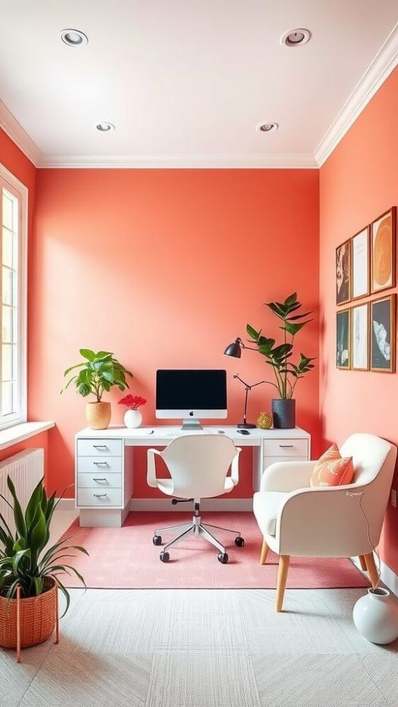 A bright home office with soft coral walls, a white desk, and plants, creating a vibrant workspace.