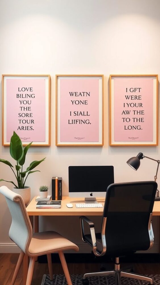 Three framed pink wall art pieces with inspiring quotes, complemented by a plant, in a stylish office setting.