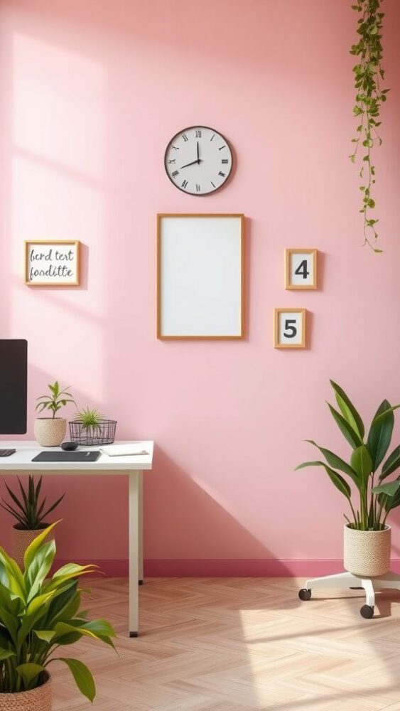 An office space with soft pink walls, a desk, clock, and plants.