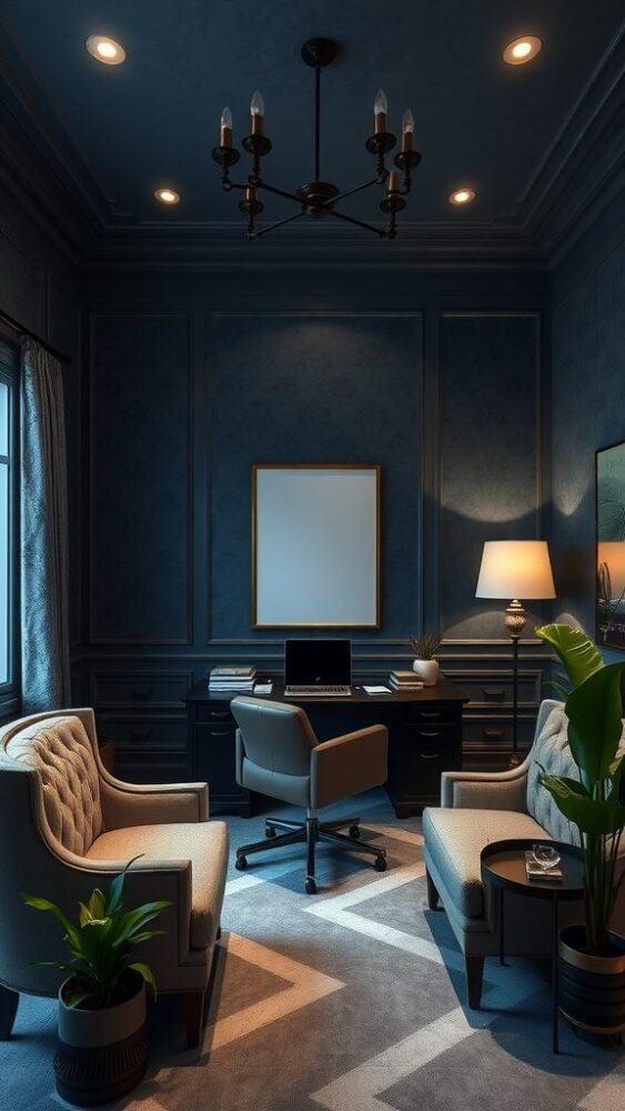 Sophisticated home office with dark blue wallpaper, featuring elegant furniture and warm lighting.