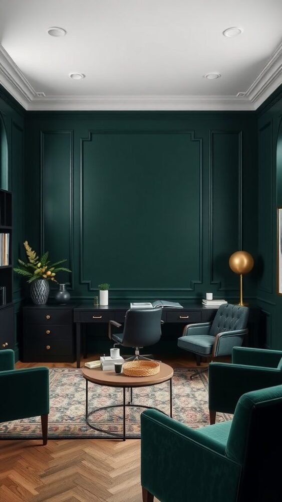 A sophisticated home office with dark forest green walls, a stylish desk, and elegant furniture.