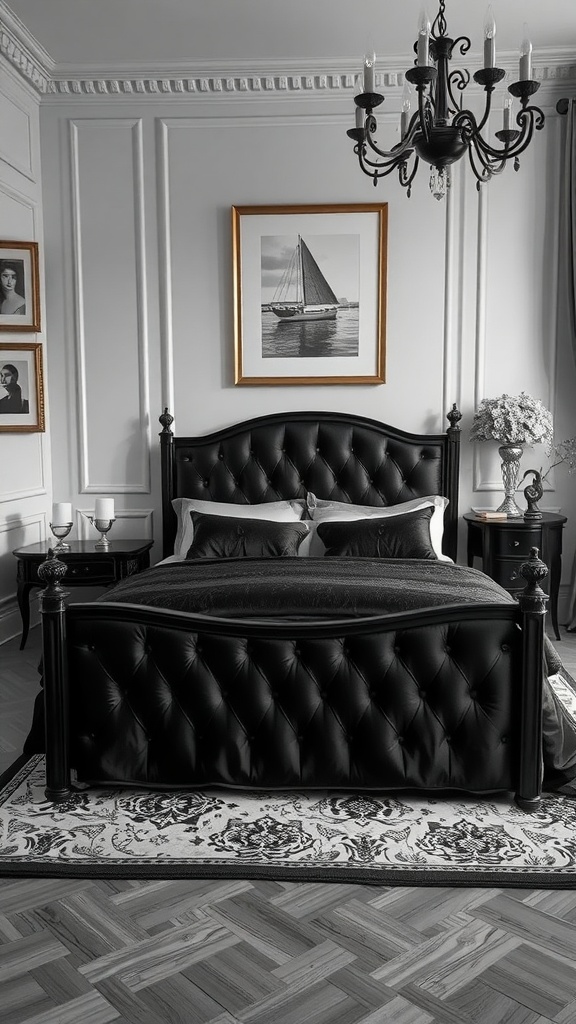 A sophisticated bedroom featuring a black bed with grey walls, a chandelier, and decorative elements.