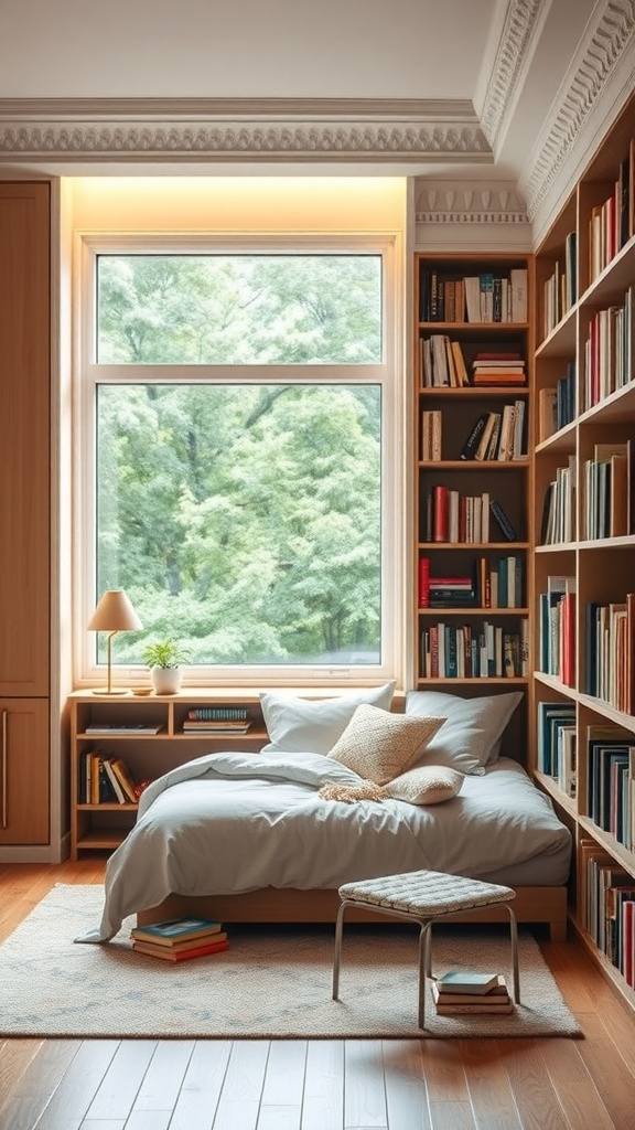 Cozy bedroom with a bed, bookshelf, lamp, and window overlooking greenery