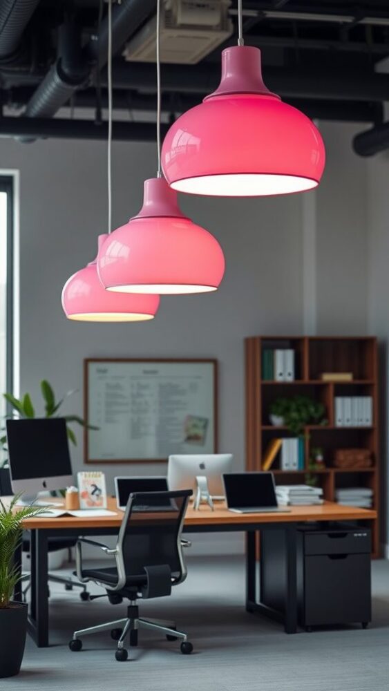 Three modern pink pendant lights hanging in a stylish office interior