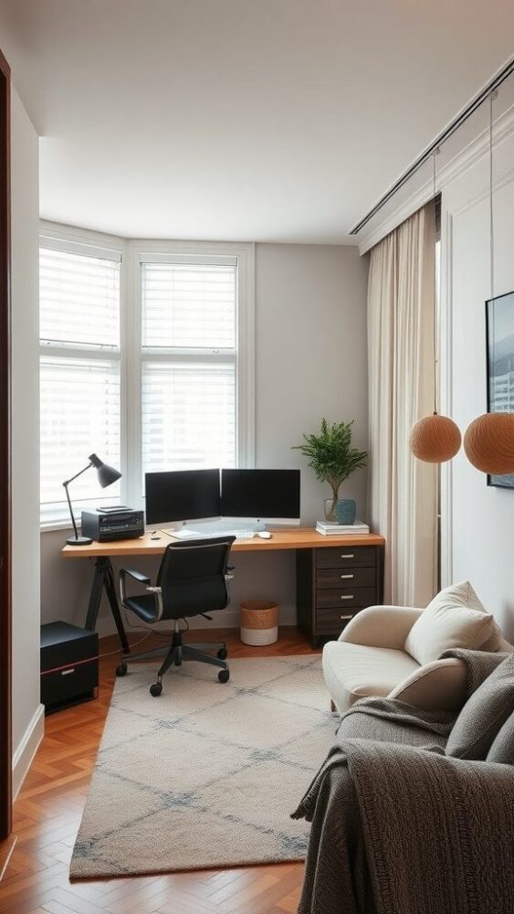 A stylish home office setup featuring two monitors, a comfortable chair, decorative plants, and a cozy sofa in a bright room.