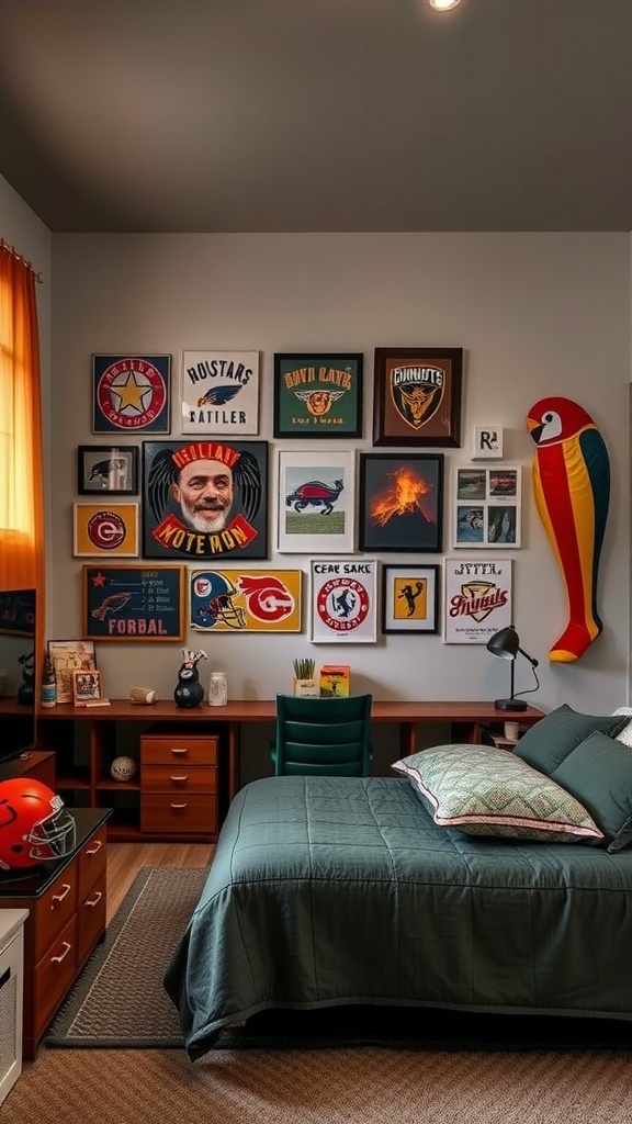 A sporty bedroom with team memorabilia on the walls, a cozy bed, and a workspace.