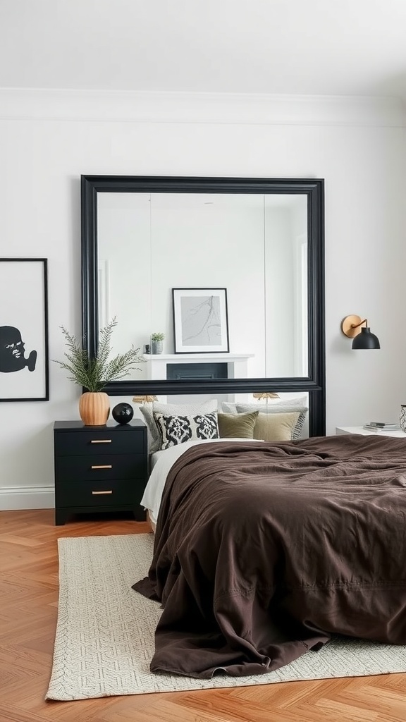 A modern bedroom featuring a large black mirror, dark bedding, and stylish decor.