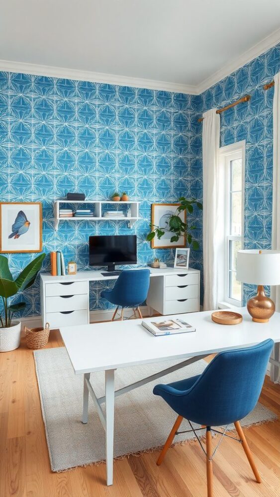 A stylish home office with blue geometric wallpaper, featuring a white desk, blue chair, and natural plants.