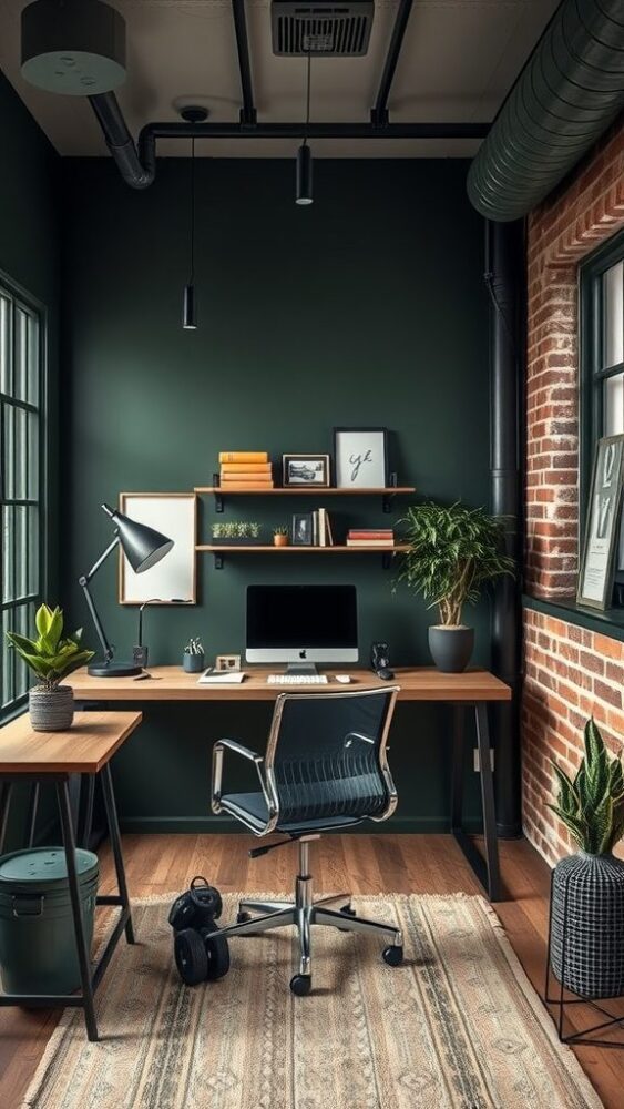 Stylish industrial home office featuring dark green walls, wood furniture, and exposed brick.