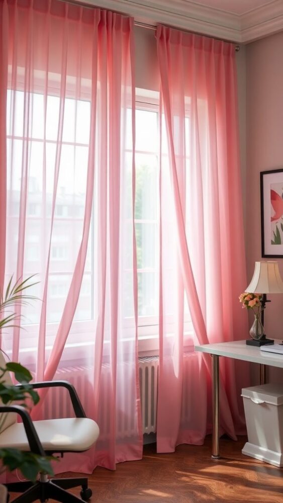 Sheer pink curtains in an office setting, framing a window with a stylish desk and chair.