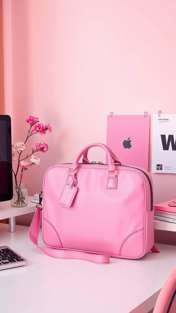 A stylish pink laptop bag on a desk with a pink background and floral accents.