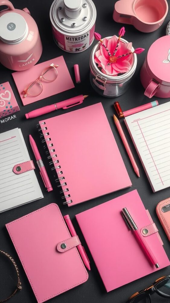 A collection of pink stationery items, including notebooks, pens, and decorative elements arranged on a desk.