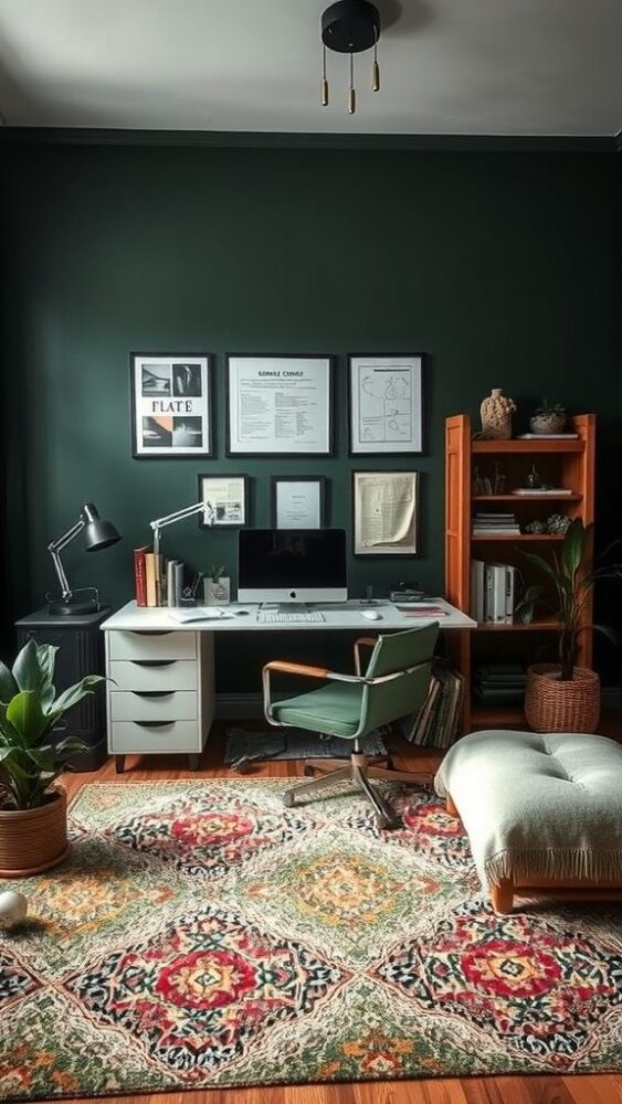 A cozy home office featuring dark green walls and a layered rug with vibrant patterns.