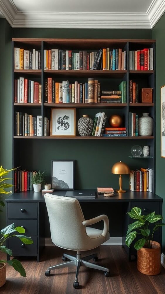 A stylish home office with dark green walls featuring a shelving unit filled with books and decorative items.