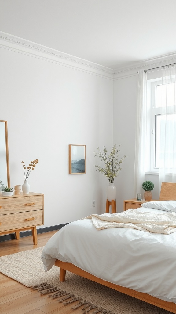 A well-designed Scandinavian bedroom featuring a wooden bed, nightstands, and plants in a light color palette.