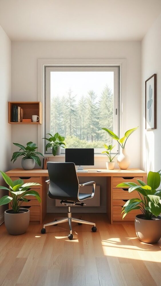 A minimalist home office with wooden furniture, plants, and a computer near a window with natural light.