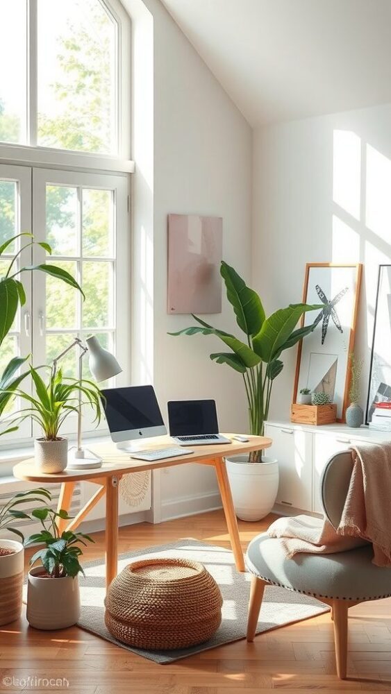 A serene home office with a wooden desk, plants, and bright natural light